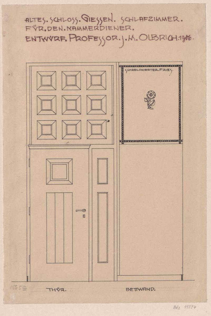 Giessen, Grossherzogliche Wohnung im Alten Schloss   Schlafzimmer des Kammerdieners, Wandaufriss