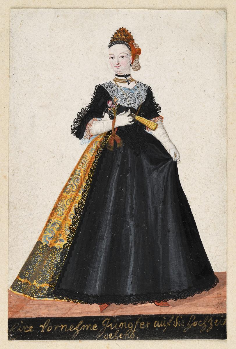 Augsburger Tracht: Eine vornehme Jungfer auf die Hochzeit gehend