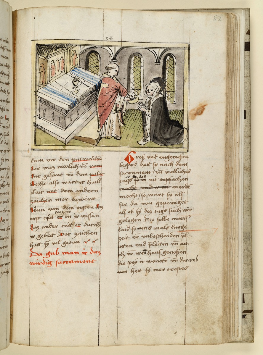 Die Heilige erhält das hl. Sakrament von einem Priester am Altar gereicht. Raimund, Das Leben der Hl. Katharina von Siena (geschrieben von der Nonne Elisabeth Warüssin)