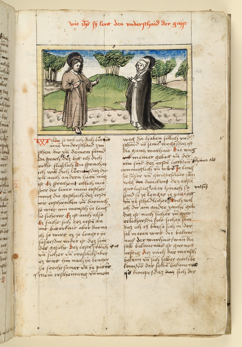Jesus erscheint der Heiligen in einer Landschaft und lehrt sie. Raimund, Das Leben der Hl. Katharina von Siena (geschrieben von der Nonne Elisabeth Warüssin)