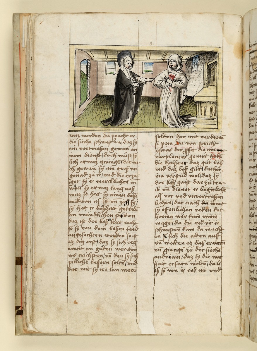 Die Heilige heilt das Herzgeschwür einer Mitschwester. Raimund, Das Leben der Hl. Katharina von Siena (geschrieben von der Nonne Elisabeth Warüssin)