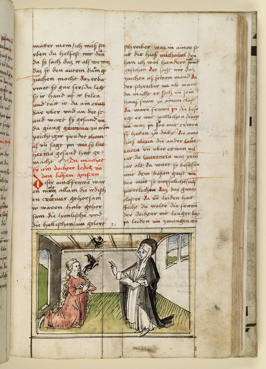 Die Heilige treibt einer Frau die bösen Geister aus. Raimund, Das Leben der Hl. Katharina von Siena (geschrieben von der Nonne Elisabeth Warüssin)