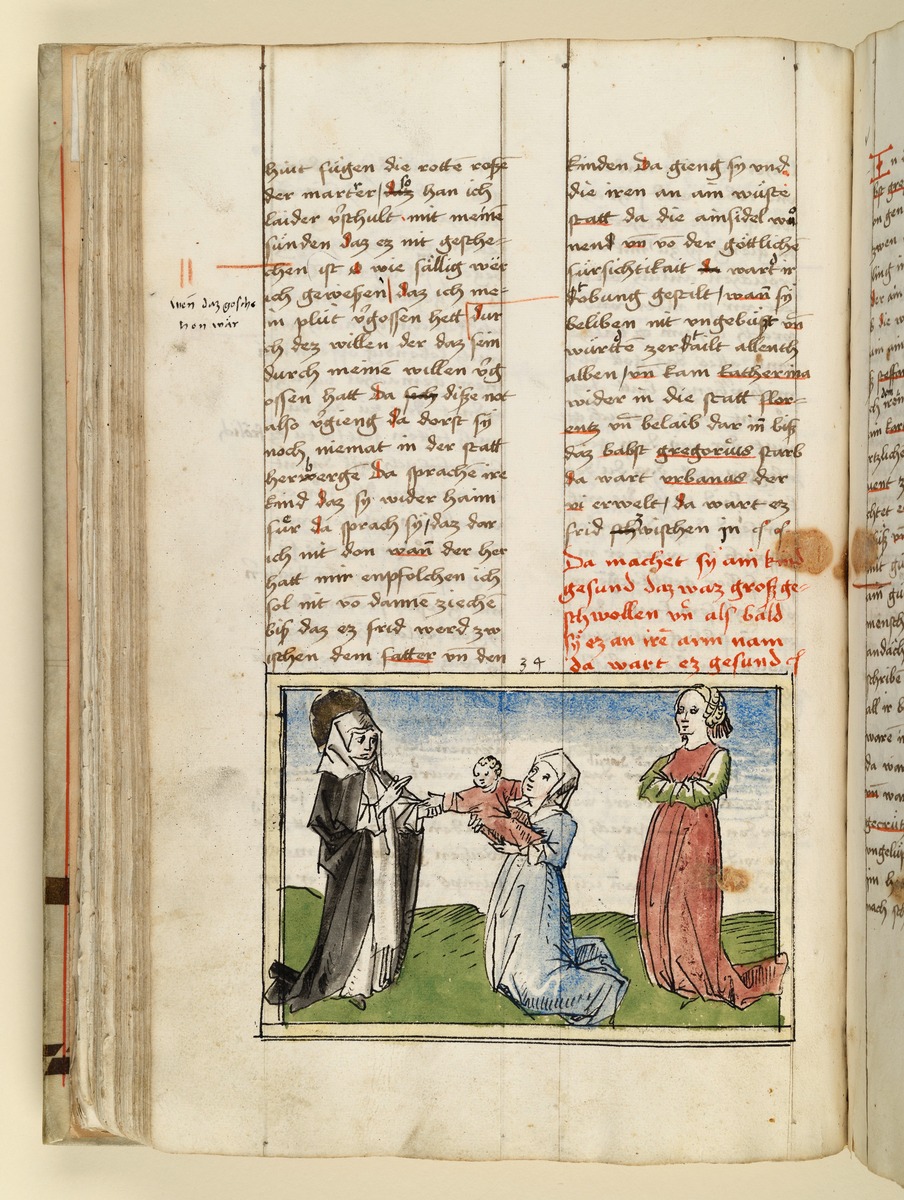 Die Heilige heilt ein Kind, das eine Frau ihr gebracht hat. Raimund, Das Leben der Hl. Katharina von Siena (geschrieben von der Nonne Elisabeth Warüssin)