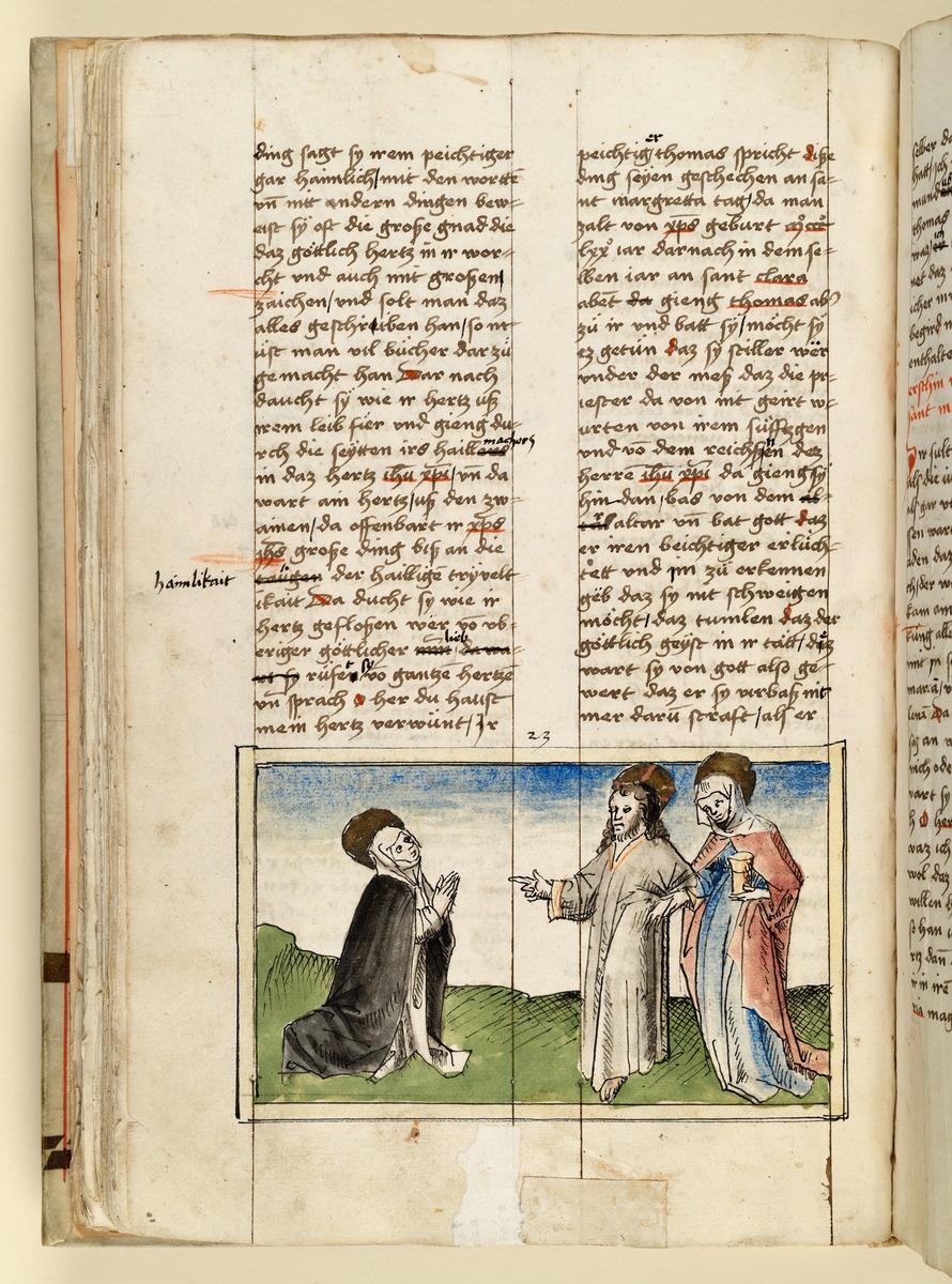 Jesus erscheint der Heiligen mit Maria Magdalena an der Hand. Raimund, Das Leben der Hl. Katharina von Siena (geschrieben von der Nonne Elisabeth Warüssin)