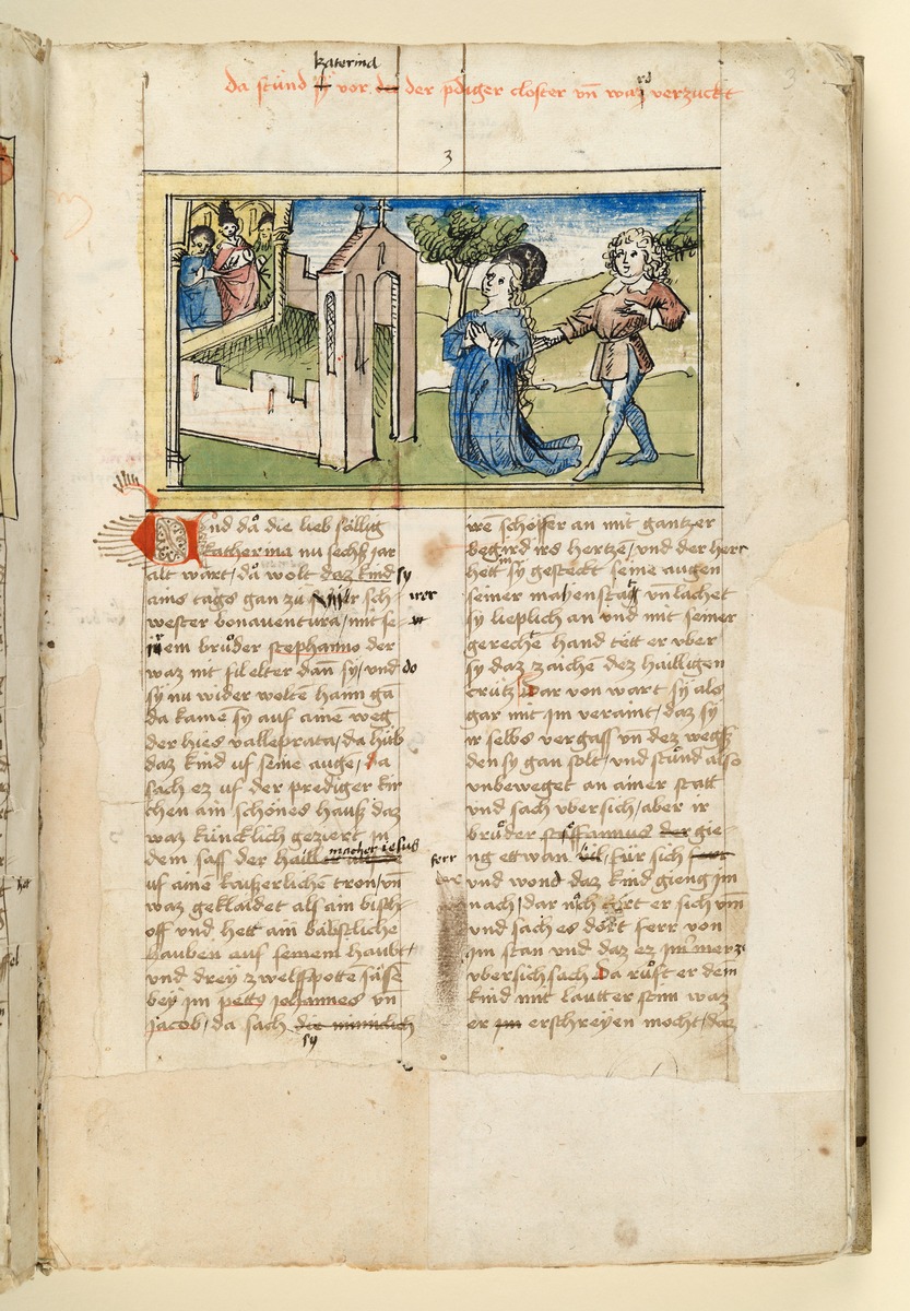Katharina fällt vor dem Predigerkloster in Verzückung. Raimund, Das Leben der Hl. Katharina von Siena (geschrieben von der Nonne Elisabeth Warüssin)