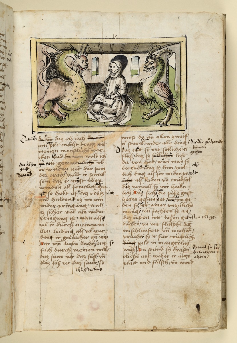 Die Heilige in ihrer Zelle, von zwei Teufeln in Tiergestalt versucht. Raimund, Das Leben der Hl. Katharina von Siena (geschrieben von der Nonne Elisabeth Warüssin)