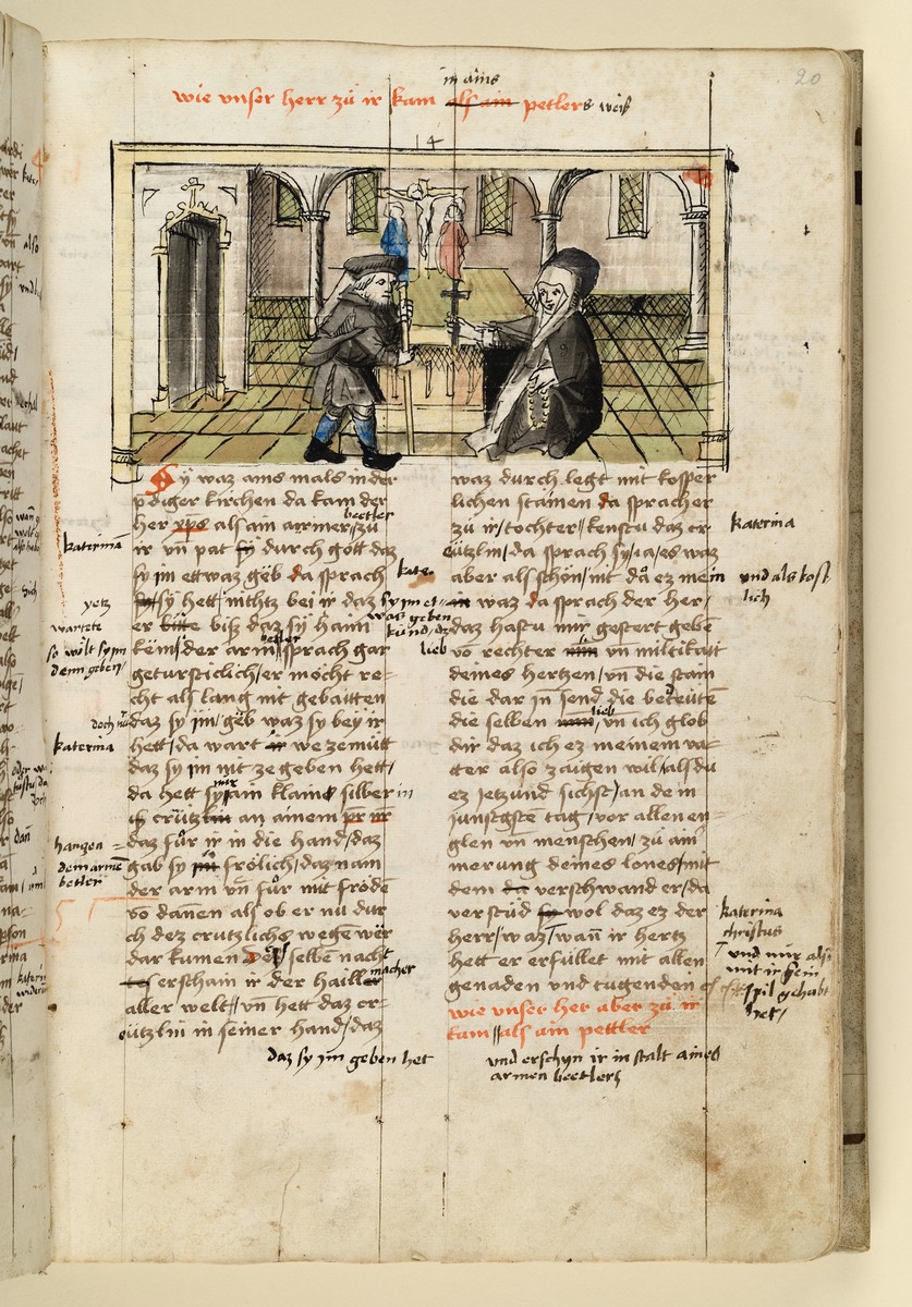 Jesus nähert sich der Heiligen am Altar in Gestalt eines Bettlers. Raimund, Das Leben der Hl. Katharina von Siena (geschrieben von der Nonne Elisabeth Warüssin)