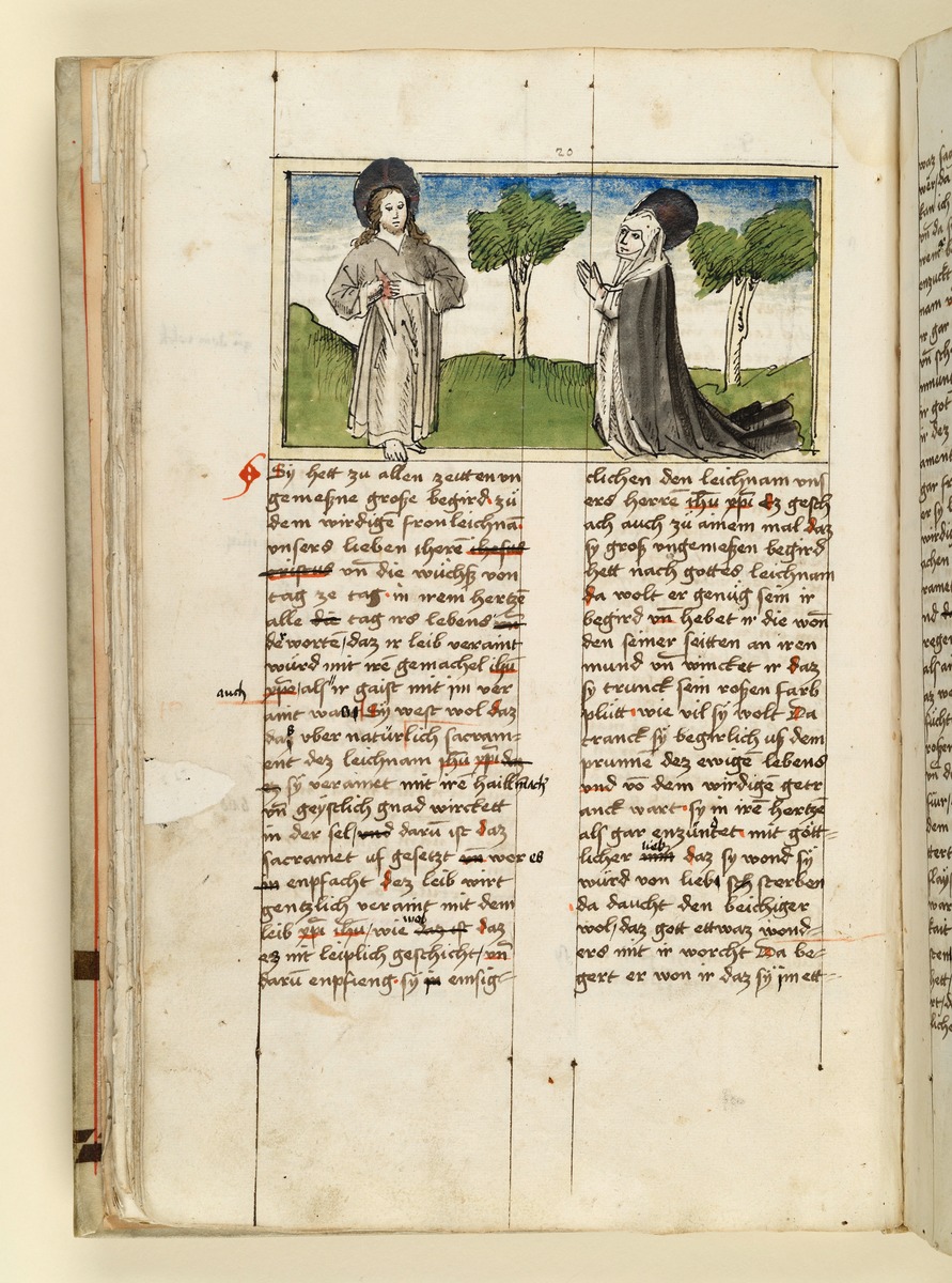 Jesus erscheint der Heiligen und zeigt ihr die Wunde in seiner Seite. Raimund, Das Leben der Hl. Katharina von Siena (geschrieben von der Nonne Elisabeth Warüssin)