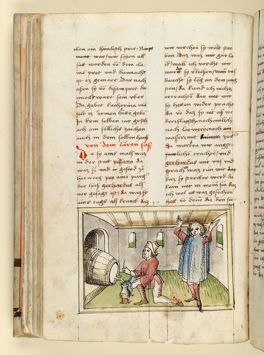 Ein Jüngling füllt aus einem Fass seinen Krug, ein zweiter steht dabei mit staunend erhobenen Armen. Raimund, Das Leben der Hl. Katharina von Siena (geschrieben von der Nonne Elisabeth Warüssin)