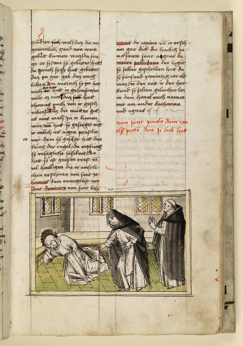 Die Heilige liegt schlafend auf den Stufen in der Kirche. So finden sie ein Mönch und eine Nonne. Raimund, Das Leben der Hl. Katharina von Siena (geschrieben von der Nonne Elisabeth Warüssin)