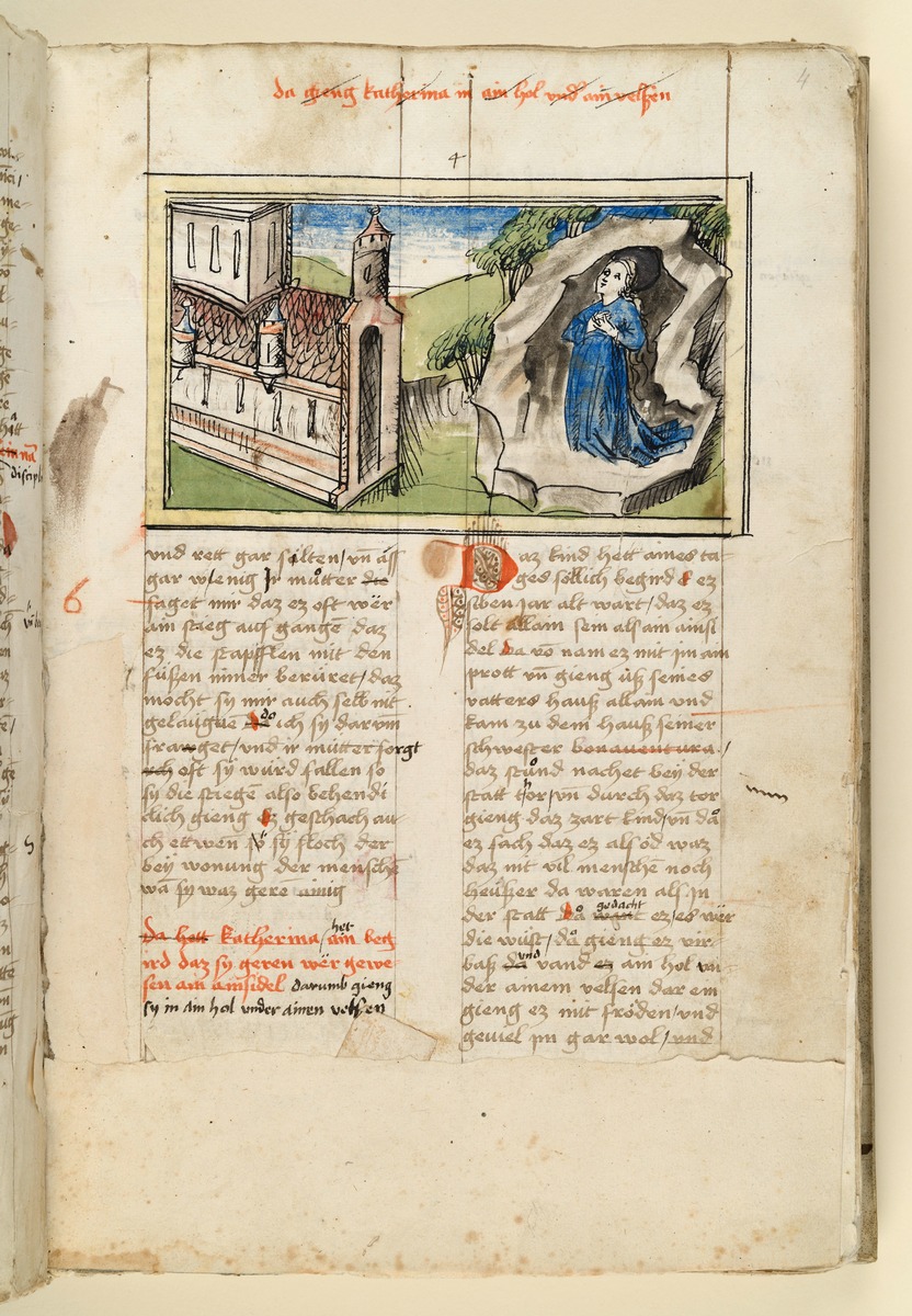 Die Heilige kniet als Einsiedlerin in einer Felsengrotte. Raimund, Das Leben der Hl. Katharina von Siena (geschrieben von der Nonne Elisabeth Warüssin)