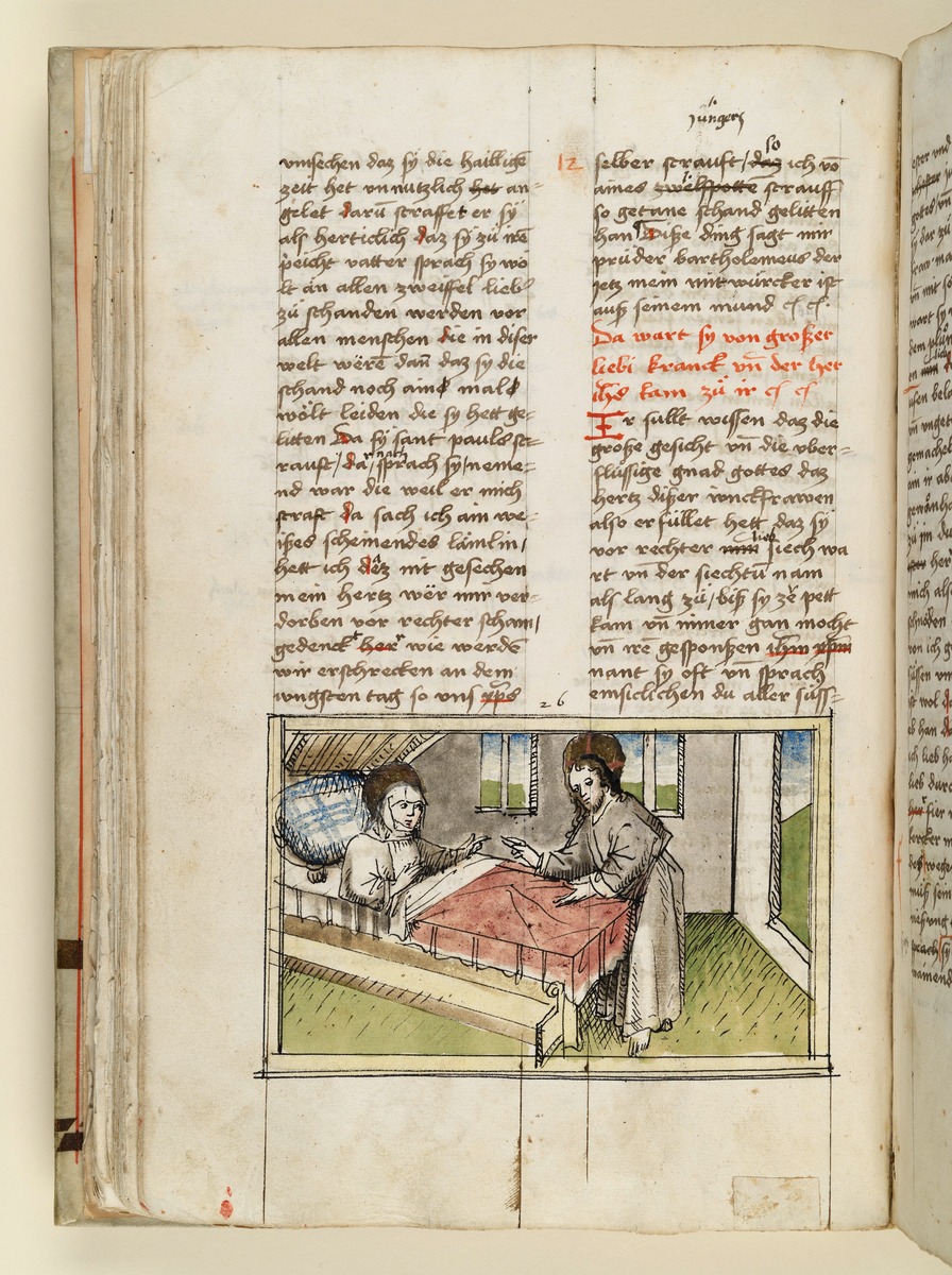 Jesus erscheint am Bett der Heiligen. So finden sie ein Mönch und eine Nonne. Raimund, Das Leben der Hl. Katharina von Siena (geschrieben von der Nonne Elisabeth Warüssin)