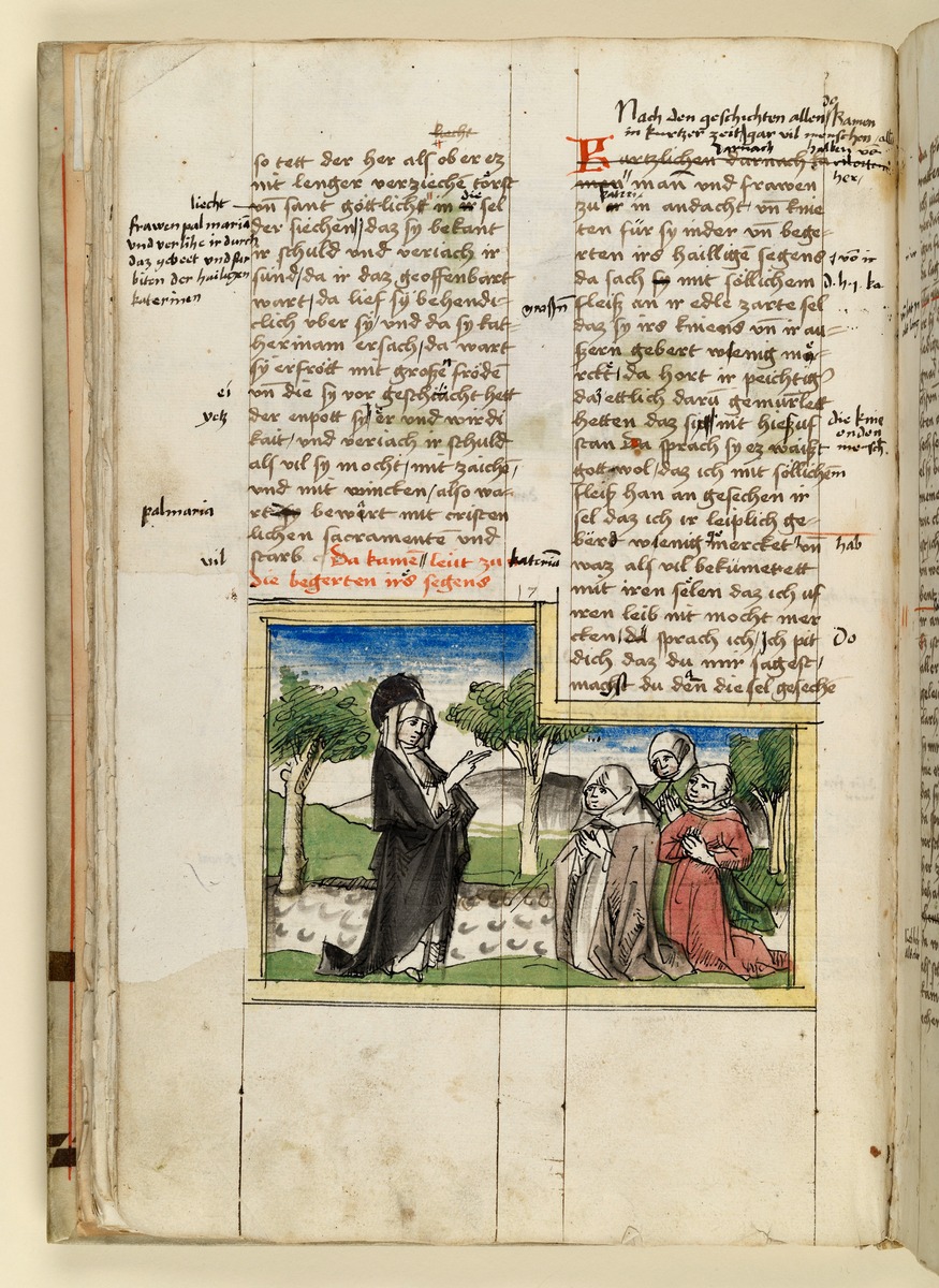 Die Heilige segnet drei Frauen. Raimund, Das Leben der Hl. Katharina von Siena (geschrieben von der Nonne Elisabeth Warüssin)