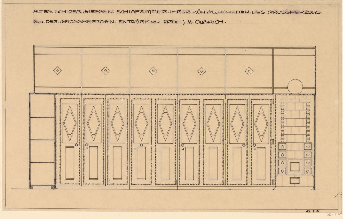 Giessen, Grossherzogliche Wohnung im Alten Schloss  Schlafzimmer, Aufriss der Südwand