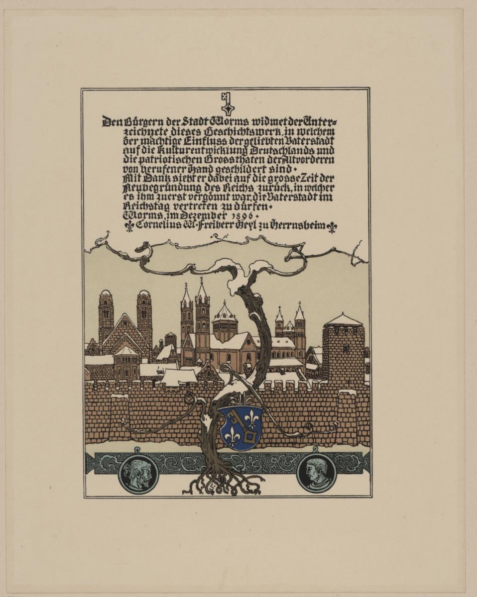Ansicht von Worms. Illustration für: Heinrich Boos. Geschichte der rheinischen Städtekultur von ihren Anfängen bis zur Gegenwart mit besonderer Berücksichtigung der Stadt Worms. Berlin: Stargardt 1897