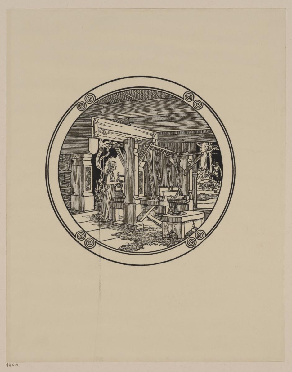 FRau am Webstuhl. Illustration für: Heinrich Boos. Geschichte der rheinischen Städtekultur von ihren Anfängen bis zur Gegenwart mit besonderer Berücksichtigung der Stadt Worms. Berlin: Stargardt 1897