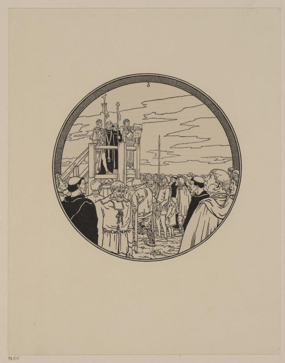 Öffentliche Verlesung eines Edikts. Illustration für: Heinrich Boos. Geschichte der rheinischen Städtekultur von ihren Anfängen bis zur Gegenwart mit besonderer Berücksichtigung der Stadt Worms. Berlin: Stargardt 1897