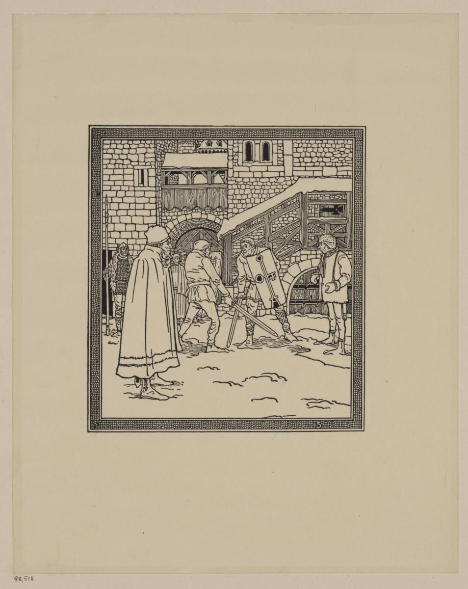 Kämpfende vor Burgtor. Illustration für: Heinrich Boos. Geschichte der rheinischen Städtekultur von ihren Anfängen bis zur Gegenwart mit besonderer Berücksichtigung der Stadt Worms. Berlin: Stargardt 1897