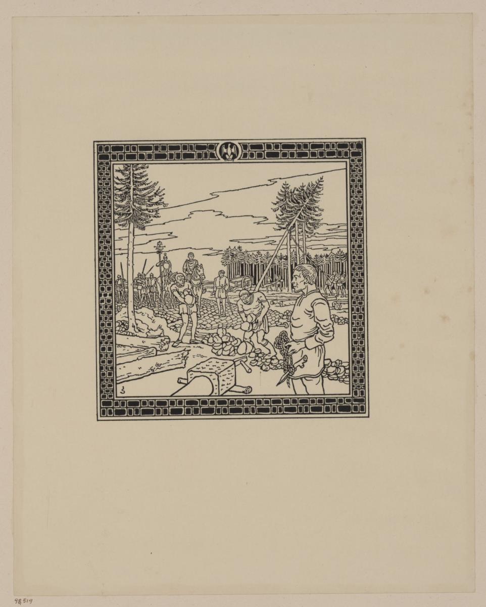 Römer bauen eine Straße. Illustration für: Heinrich Boos. Geschichte der rheinischen Städtekultur von ihren Anfängen bis zur Gegenwart mit besonderer Berücksichtigung der Stadt Worms. Berlin: Stargardt 1897