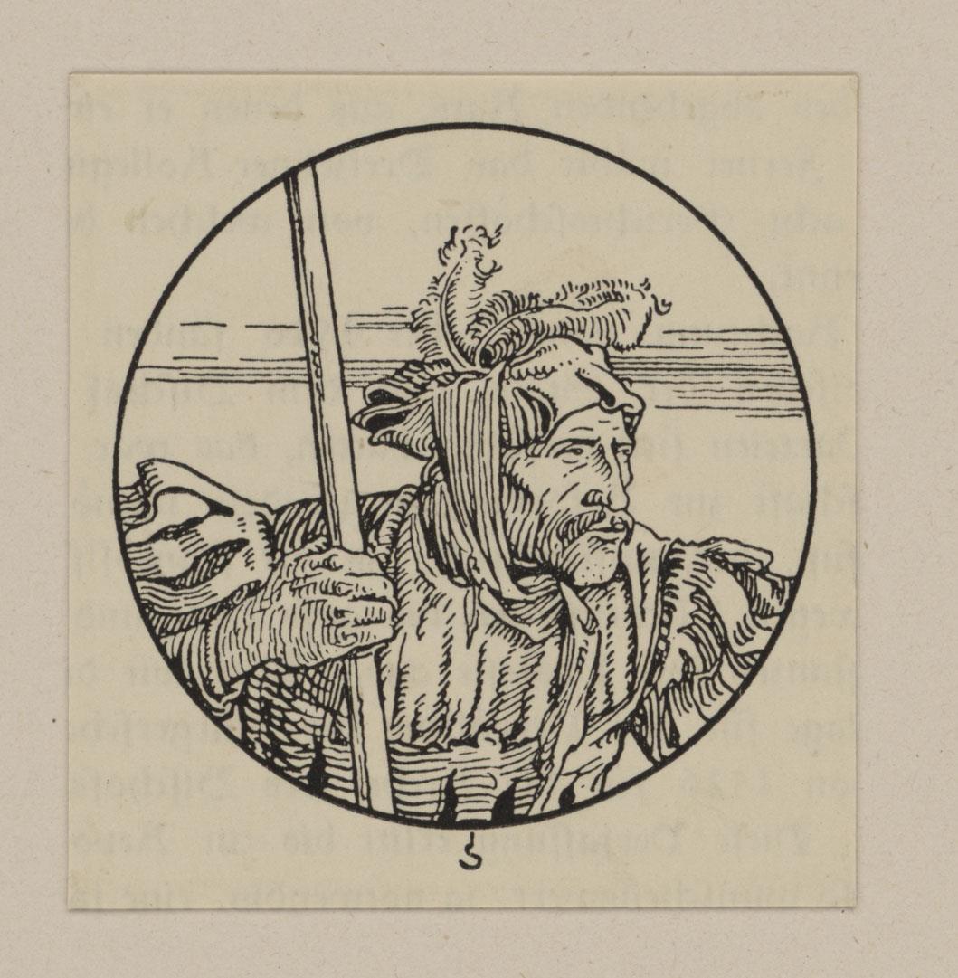 Mann mit Lanze. Vignette für: Heinrich Boos. Geschichte der rheinischen Städtekultur von ihren Anfängen bis zur Gegenwart mit besonderer Berücksichtigung der Stadt Worms. Teil 4, Berlin: Stargardt 1901