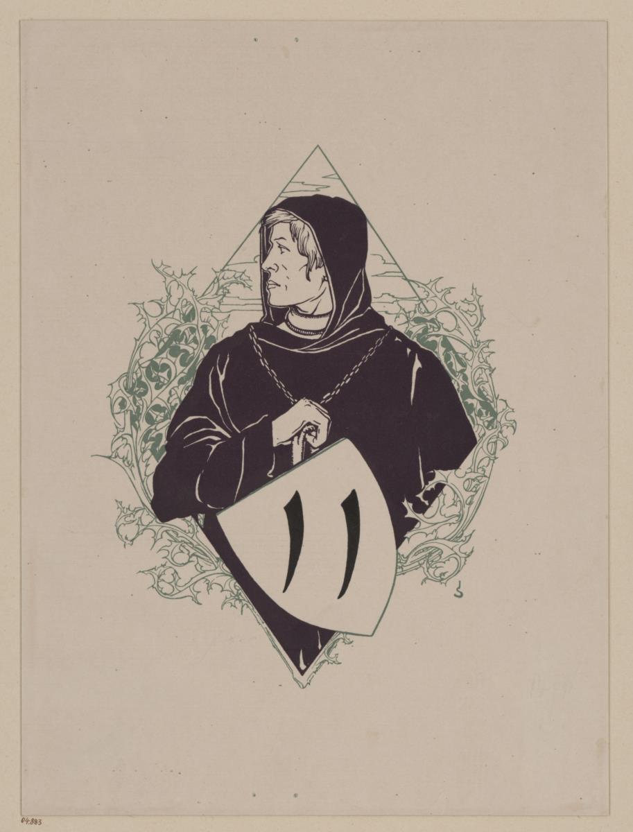Mann in Kutte mit Schild. Illustration für Karl Lachmann. Die Nibelunge. Berlin: Stargardt 1898-1904