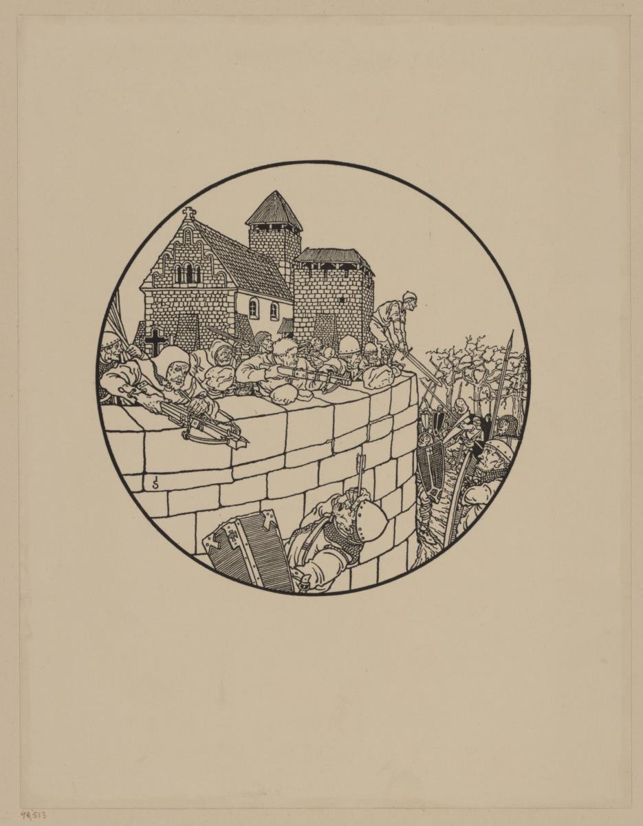 Verteidigung der Stadt. Illustration für: Heinrich Boos. Geschichte der rheinischen Städtekultur von ihren Anfängen bis zur Gegenwart mit besonderer Berücksichtigung der Stadt Worms. Berlin: Stargardt 1897