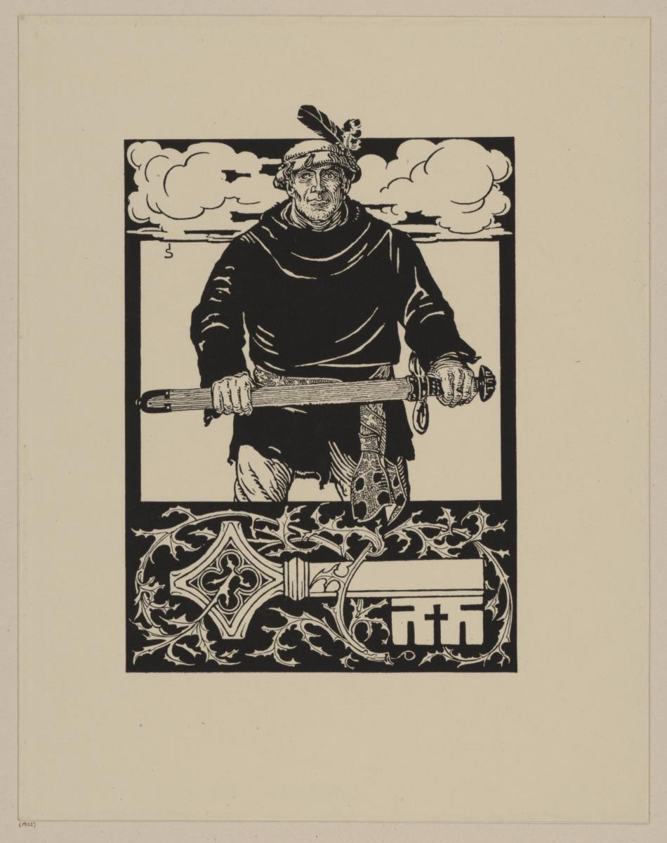 Mann mit Schwert. Illustration für: Heinrich Boos. Geschichte der rheinischen Städtekultur von ihren Anfängen bis zur Gegenwart mit besonderer Berücksichtigung der Stadt Worms. Teil 4, Berlin: Stargardt 1901