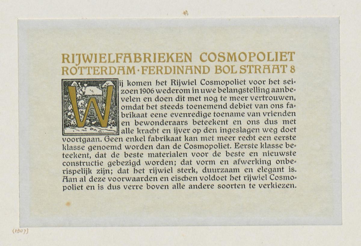 Initiale zur Werbung Rijwielfabrieken Cosmopoliet Rotterdam (Vogeler-Zierat)