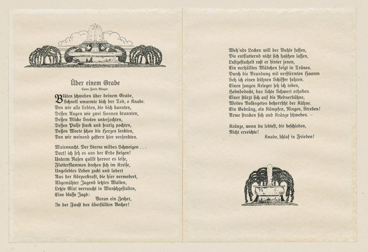 Titel- und Schlussvignette zu Conr. Ferd. Meyer, Über einem Grabe (im Musterheft Vogeler-Zierat)
