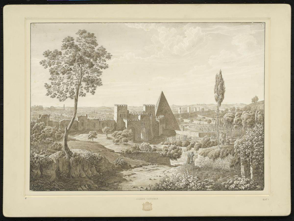Blick auf Porta S. Paolo, die Cestius-Pyramide und den Friedhof der Deutschen bei Rom