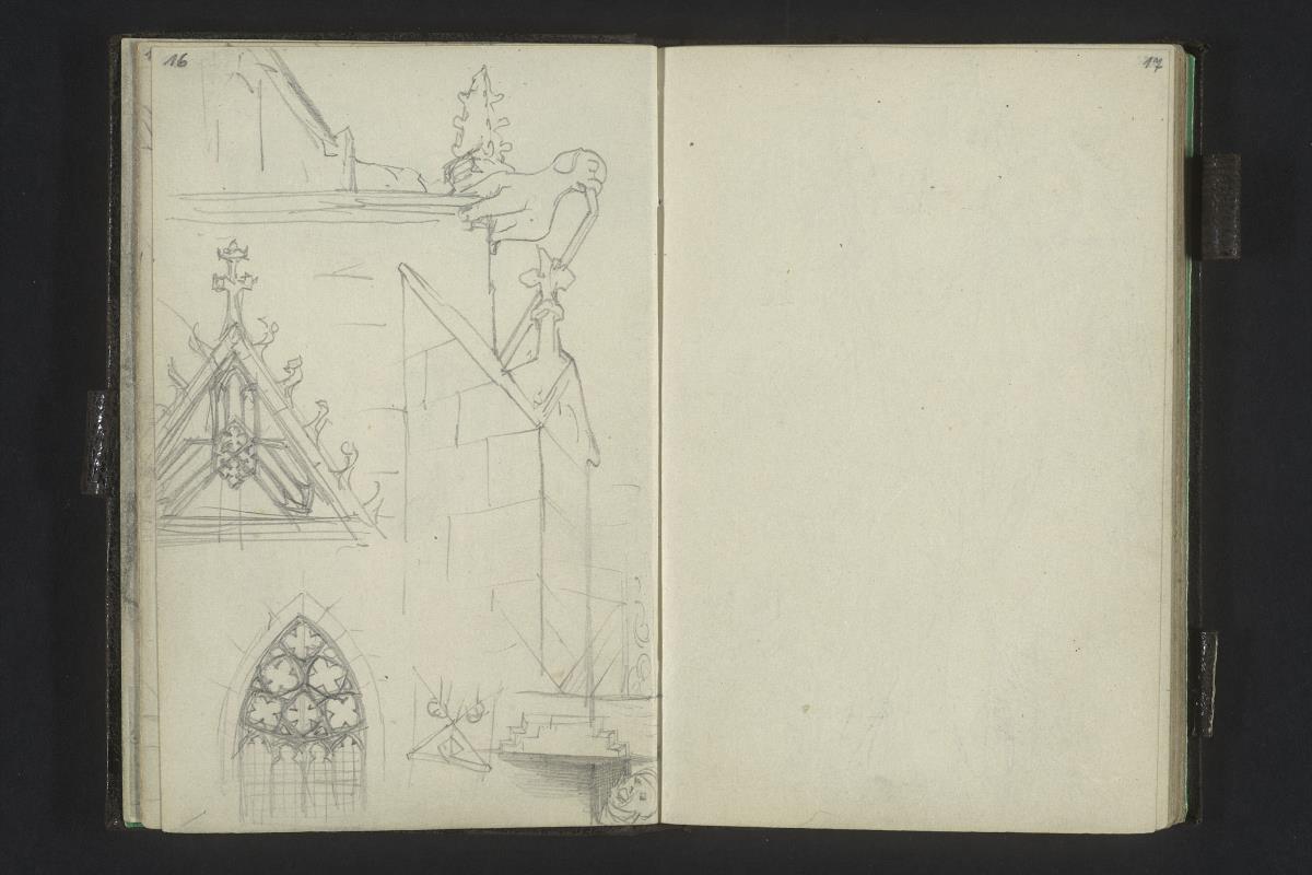 Archtekturdetails einer gotischen Kirche (Wasserspeier, Ziergiebel, Maßwerkfenster)