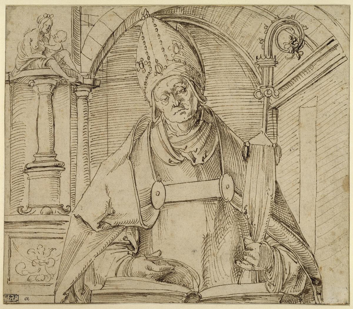 Halbfigur eines Bischofs vor einer Nische