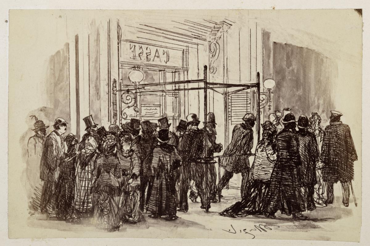 Theaterkasse, die Käufer schieben sich von rechts an die erleuchtete Kasse  und entfernen sich nach links, zu Heinrich von Kleist "Der zerbrochene Krug"