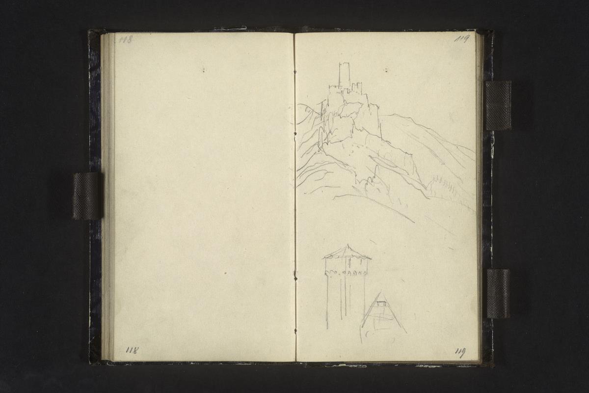 Burgruine auf Felsgrat, Turm und Giebel