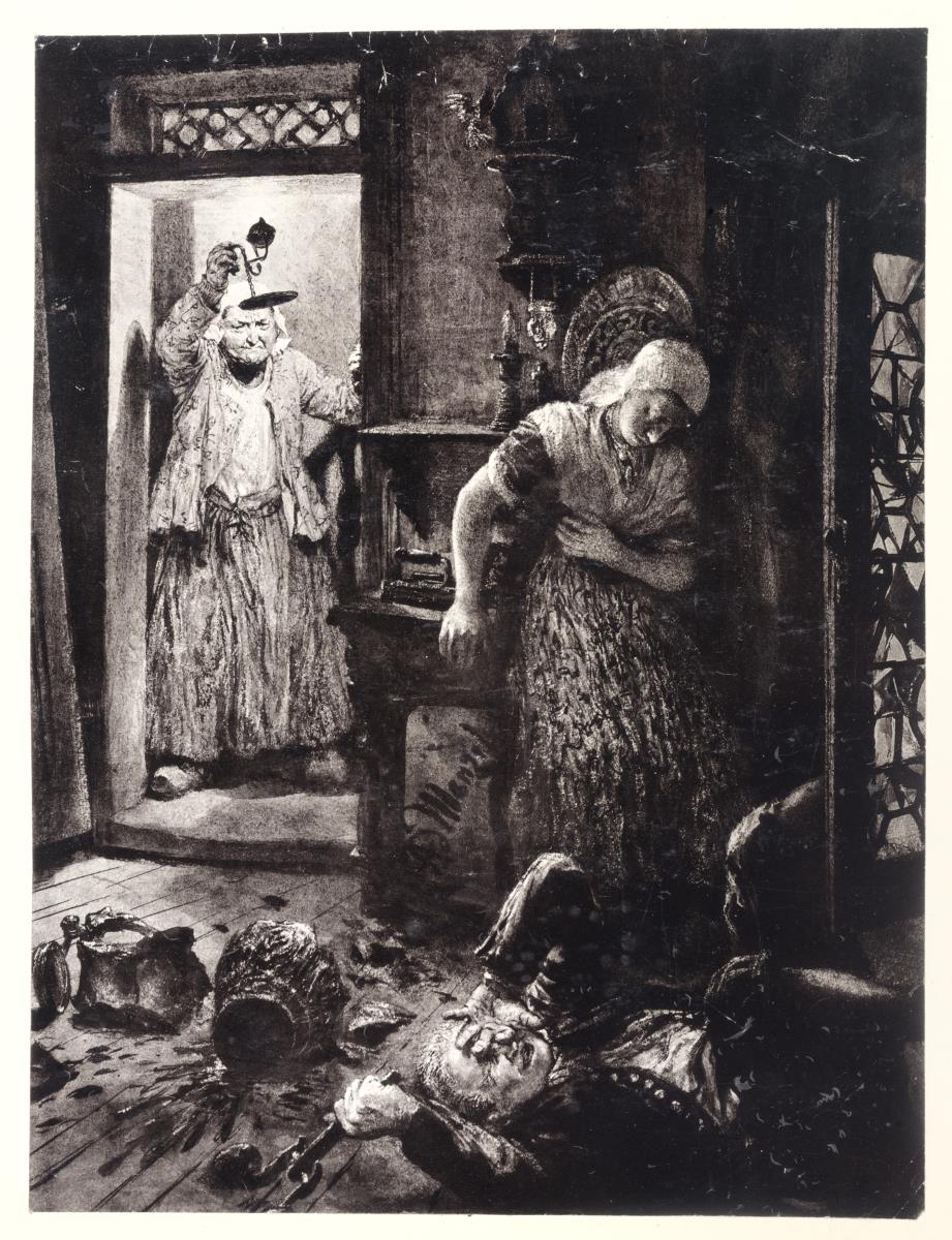 Ruprecht mit der Türklinke in der Hand, liegt in Evas Zimmer am Boden. Marthe kommt mit der Lampe, zu Heinrich von Kleist "Der zerbrochene Krug"