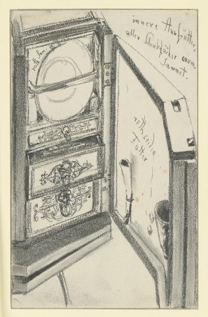 Blick in das leicht geöffnete rechte Seitenteil des Jagd- und Arbeitstisches Kurfürst Johann Georgs I. von Sachsen, Historisches Museum, Dresden