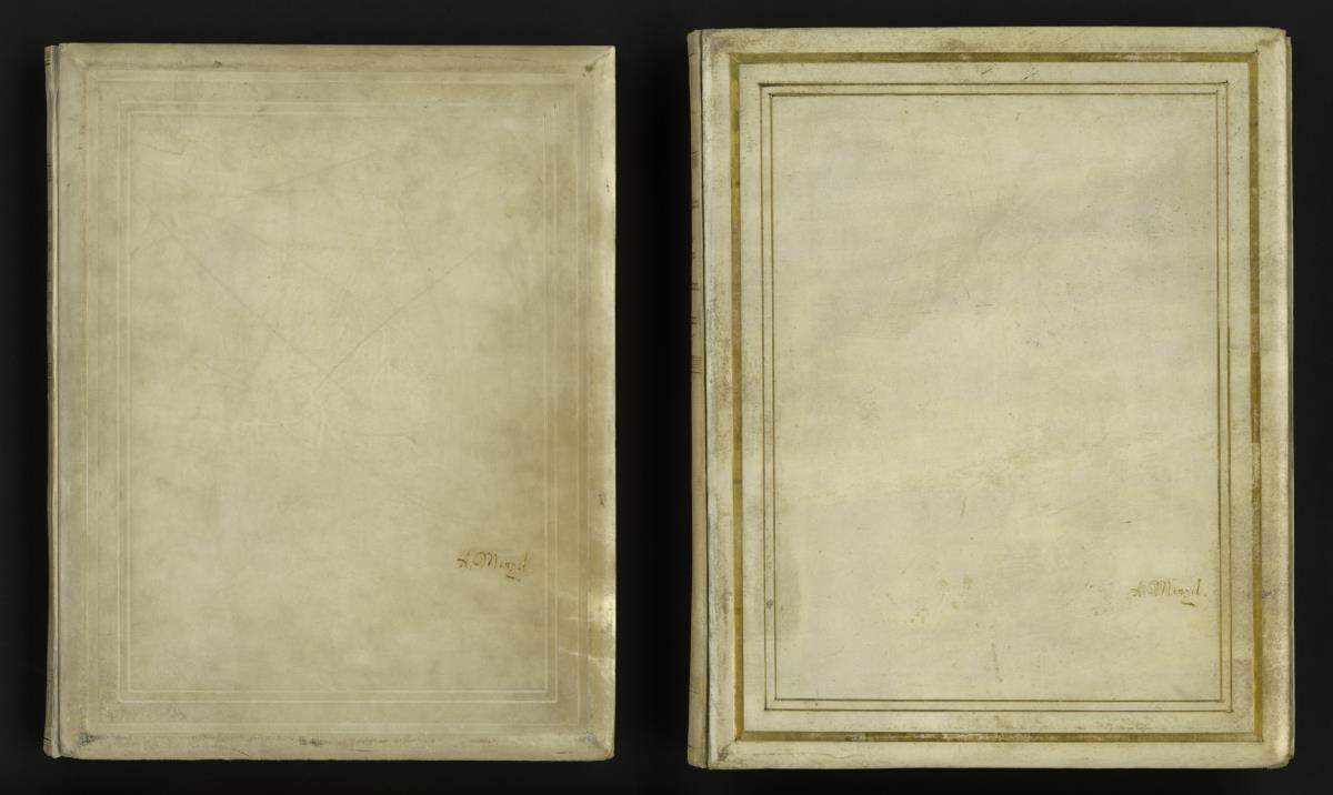 Klebeband mit 44 Blatt Probedrucken der Holzstiche auf Chinapapier sowie 7 Fotografien nach den 4 der Prachtausgabe von 1877 in fotografischen Reproduktionen beigegebenen Original-Gouachen, zu Heinrich von Kleist "Der zerbrochene Krug"