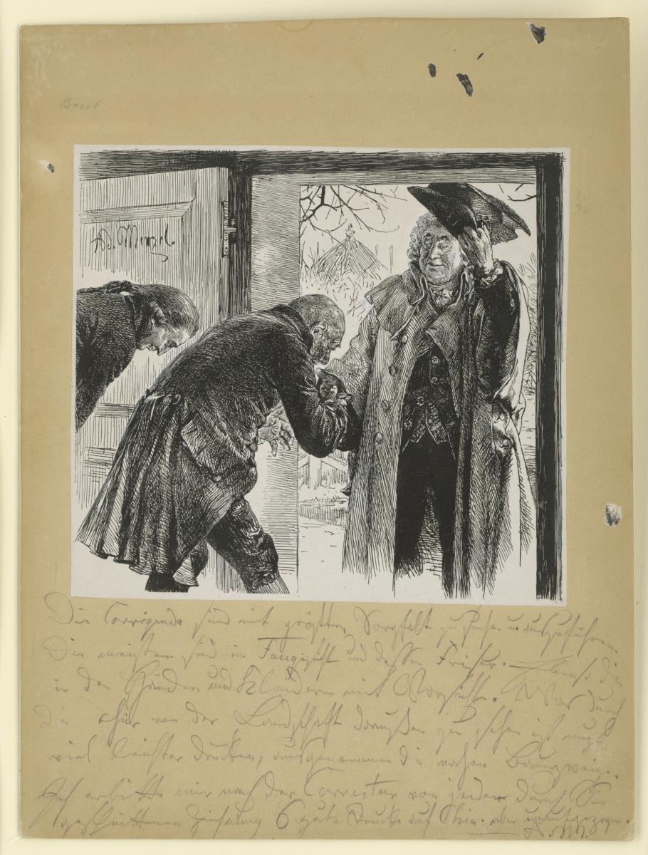 Gerichtsrat Walther tritt zur Tür herein. zu Heinrich von Kleist "Der Zerbrochene Krug". Mit handschriftlichen Korrekturnotizen auf dem Trägerpapier