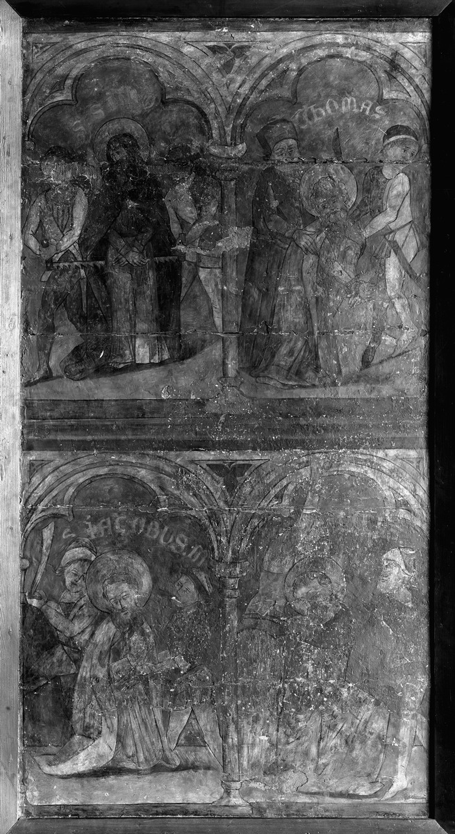 Altar mit dem gekreuzigten Christus, Heiligen (Virgines Capitales) und Heiligenmartyrien