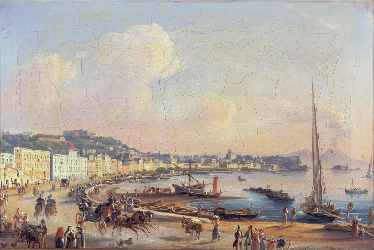 Hafenansicht von Neapel (II von IV). Blick auf Sant’Elmo, das Castel dell’Ovo und den Vesuv