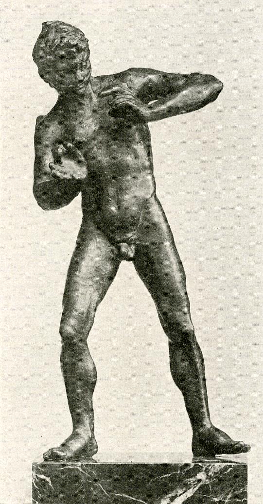 Jugendlicher Satyr, mit der Mundbinde, in bewegter Stellung, die Doppelflöte blasend zu denken, ... (modern).