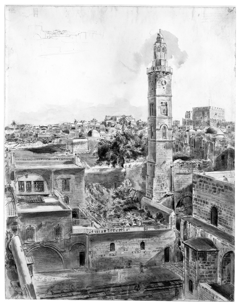 Nordostseite des Tempelplatzes in Jerusalem, vor dem Minarett der Schafteich und die Kirche der hl. Anna, rechts die Zionshöhe