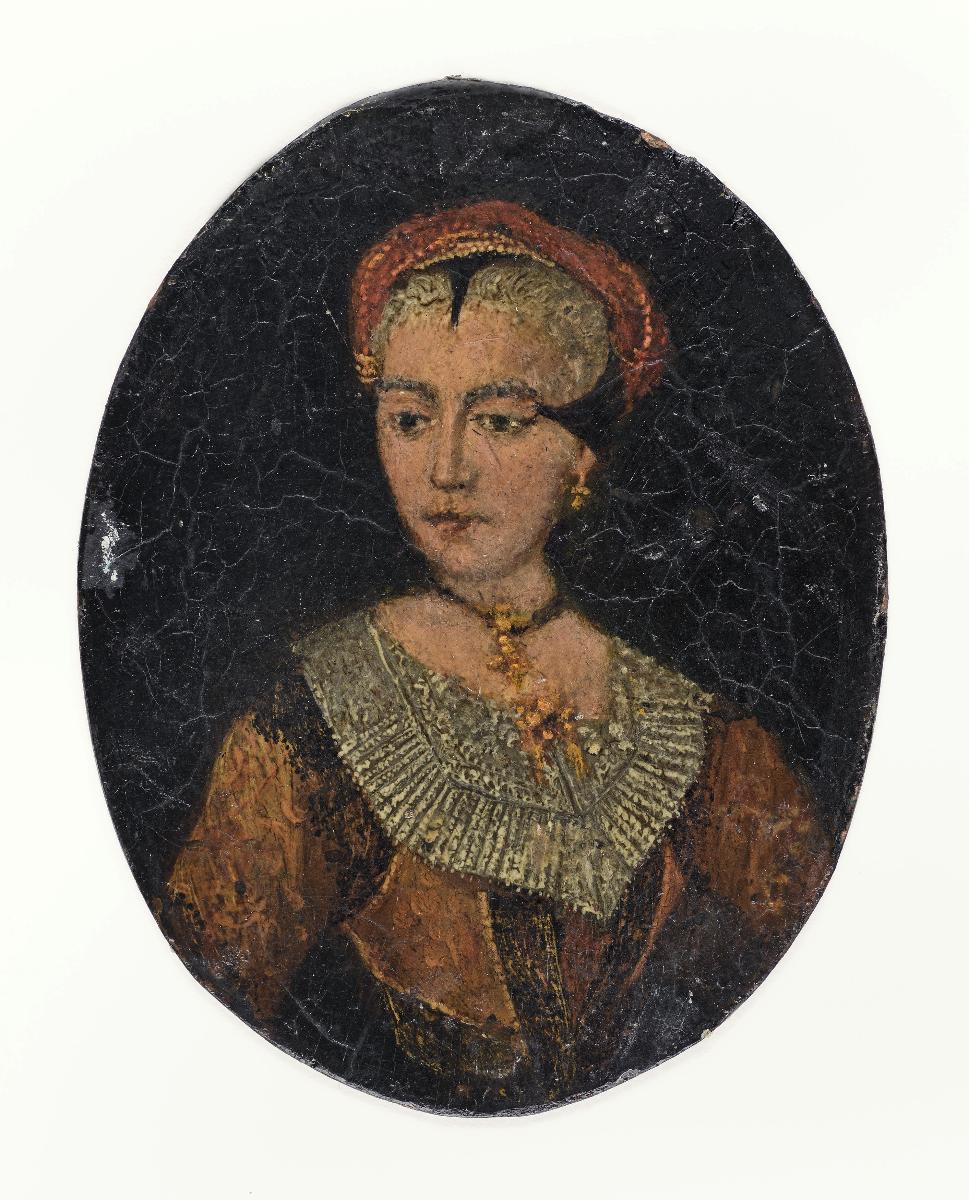 Porträt einer Frau mit Schnebbenhaube, Halsschmuck und Spitzenkragen