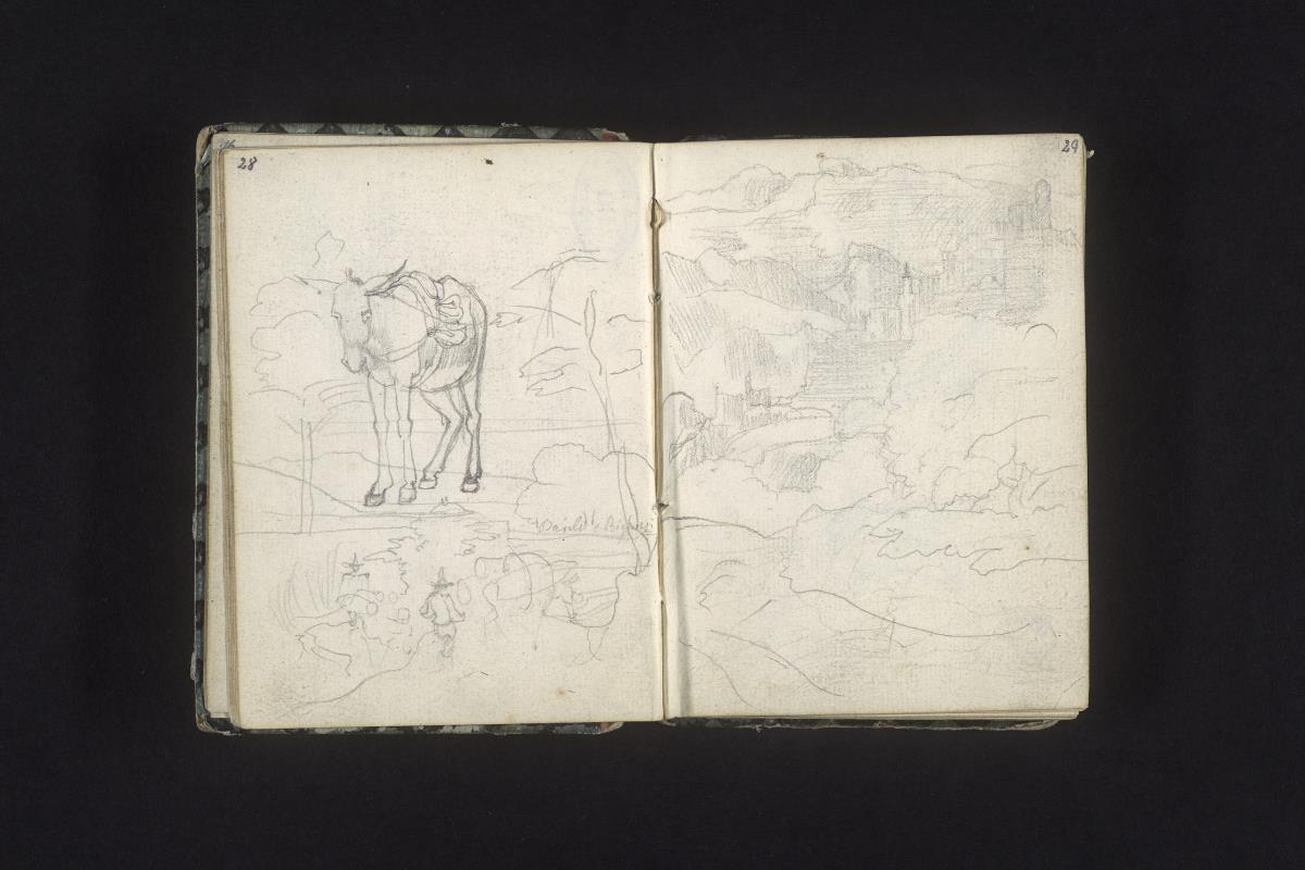 Esel in einer Landschaft, darunter mehrere Figuren mit hohen Hüten, Gebirgsstädtchen