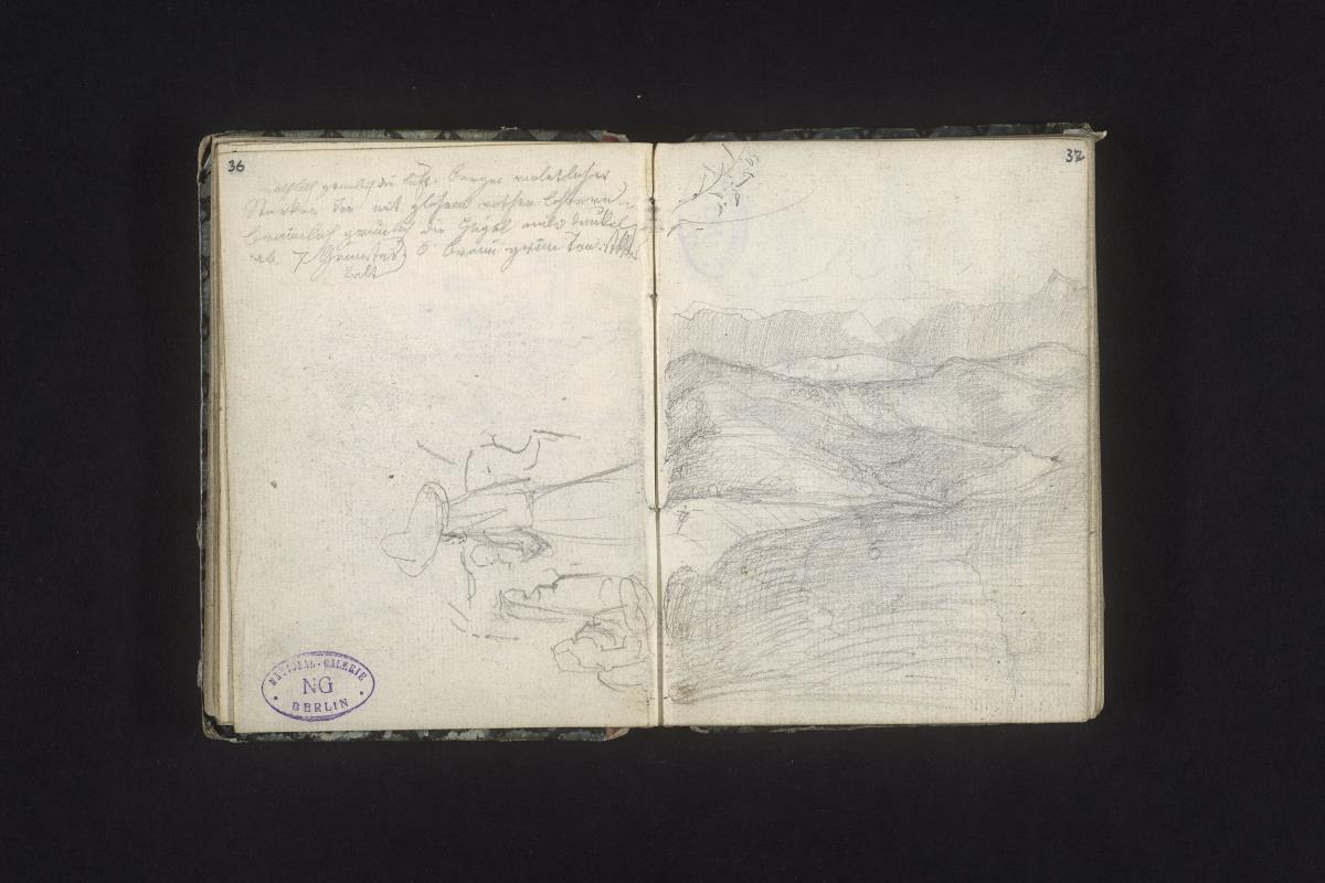 Frau mit Kindern und Esel, Berglandschaft