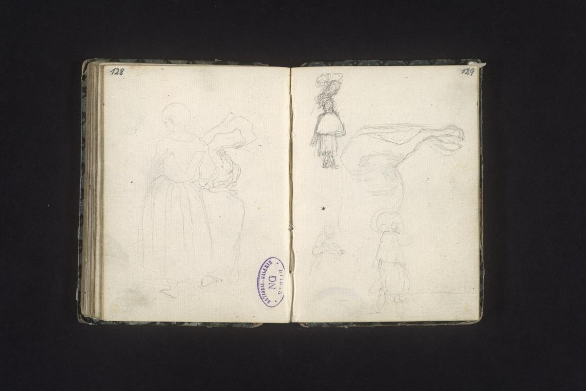 Frau in Rückenansicht, Figurenstudien und Pferd