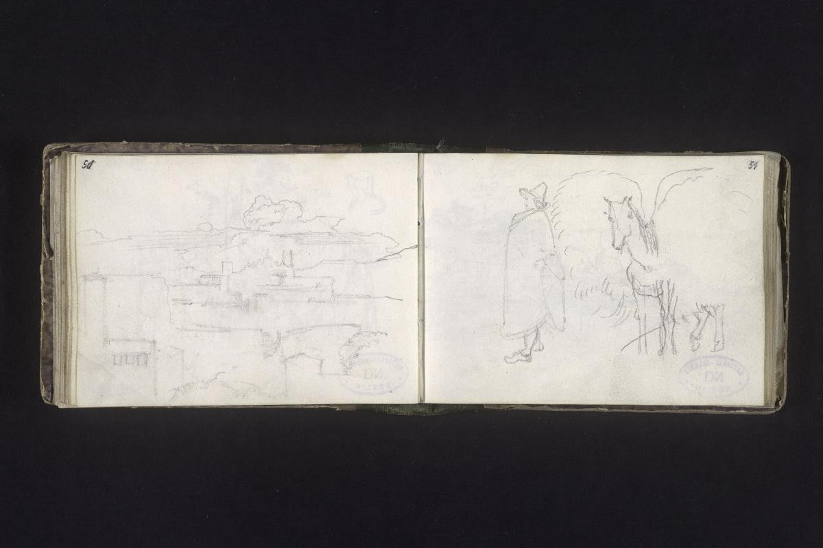 Landschaft mit Gebäuden, Landmann und bepacktes Pferd