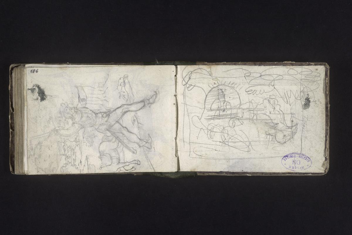 Landsknecht mit Schwert und Pferd, Rundbogen mit Figur und Berglandschaft