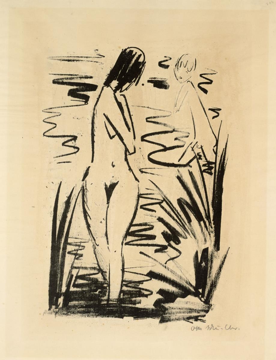 Sich umwendendes Mädchen und Knabe beim Baden