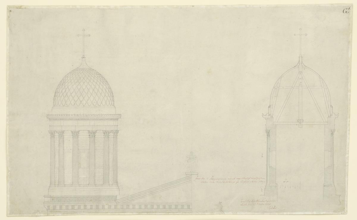 Entwurf für die Kirche St. Nikolai, Potsdam, zwei Türme, links mit halben Giebel, rechts im Schnitt
